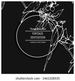 Herbal illustration on label packaging design. Hand drawn vector invitation with birds