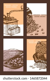 Herbal illustration on label packaging design. Hand drawn vector botanic set with flowers, coffee