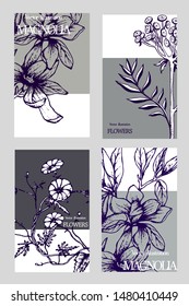Herbal illustration on label packaging design. Hand drawn vector botanic set with curly flowers