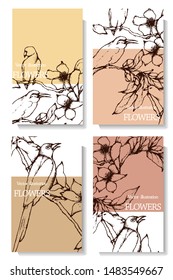 Herbal illustration on label packaging design. Hand drawn vector botanic set with flowers and birds