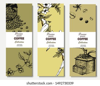 Herbal illustration on label packaging design. Hand drawn vector banner. Coffee beans, leaves, branch, flowers, birds
