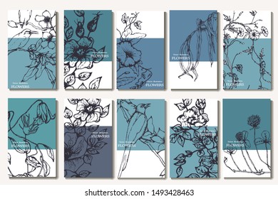 Herbal illustration on label packaging design. Hand drawn vector botanic set with curly flowers and birds