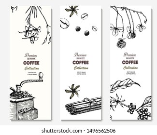 Herbal illustration on label packaging design. Hand drawn vector banner. Coffee beans, leaves, branch, flowers, birds
