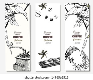 Herbal illustration on label packaging design. Hand drawn vector banner. Coffee beans, leaves, branch, flowers, birds
