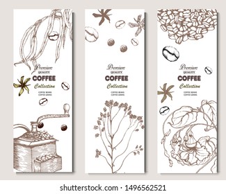 Herbal illustration on label packaging design. Hand drawn vector banner. Coffee beans, leaves, branch, flowers, birds
