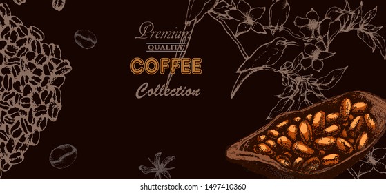 Herbal illustration on label packaging design. Hand drawn vector banner. Coffee beans, leaves, branch, birds