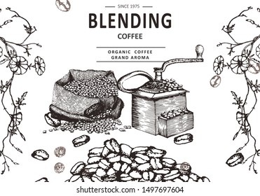 Herbal illustration on label packaging design. Hand drawn vector banner. Coffee beans, leaves, branch, flowers 