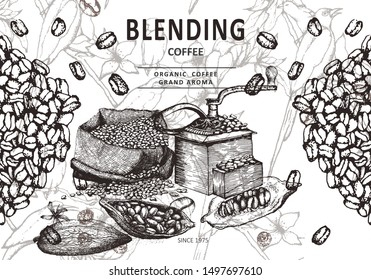 Herbal illustration on label packaging design. Hand drawn vector banner. Coffee beans, leaves, branch, flowers 