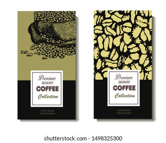 Herbal illustration on label packaging design. Hand drawn vector banner. Coffee beans,