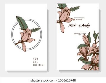 Herbal illustration on label packaging design. Hand drawn vector botanic set with flowers. Wedding invitation