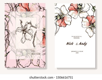 Herbal illustration on label packaging design. Hand drawn vector botanic set with flowers. Wedding invitation