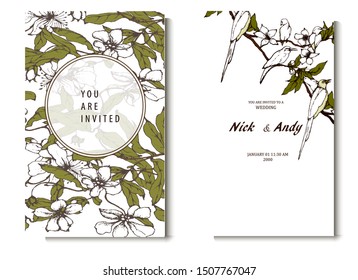 Herbal illustration on label packaging design. Hand drawn vector botanic set with flowers with birds. Wedding invitation