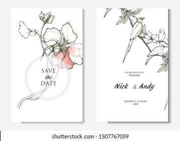 Herbal illustration on label packaging design. Hand drawn vector botanic set with flowers with birds. Wedding invitation