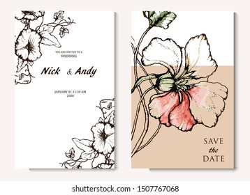 Herbal illustration on label packaging design. Hand drawn vector botanic set with flowers. Wedding invitation