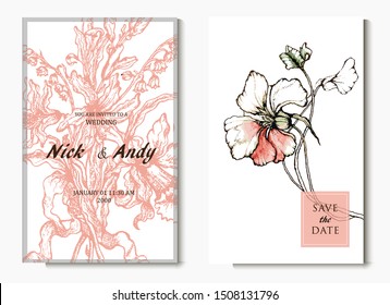 Herbal illustration on label packaging design. Hand drawn vector botanic set with flowers. Wedding invitation