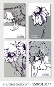 Herbal illustration on label packaging design. Hand drawn vector botanic set with flowers. Wedding invitation