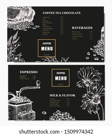 Herbal illustration on label packaging design. Hand drawn vector banner. Coffee beans, leaves, branch, flowers
