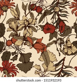 Herbal illustration on label packaging design. Hand drawn vector seamless pattern
