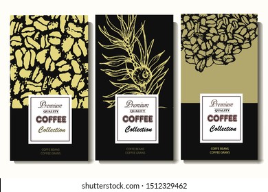 Herbal illustration on label packaging design. Hand drawn vector banner. Coffee beans, leaves, branch, flowers

