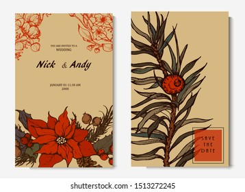Herbal illustration on label packaging design. Hand drawn vector botanic set with flowers, Wedding invitation