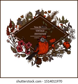 Herbal illustration on label packaging design. Hand drawn vector botanic set with flowers and bird, invitation