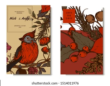 Herbal illustration on label packaging design. Hand drawn vector botanic set with flowers and bird, invitation