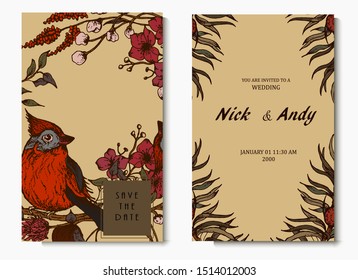 Herbal illustration on label packaging design. Hand drawn vector botanic set with flowers and bird, invitation