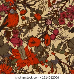 Herbal illustration on label packaging design. Hand drawn vector seamless pattern