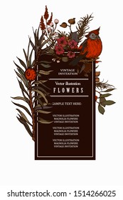 Herbal illustration on label packaging design. Hand drawn vector botanic set with flowers and bird, invitation