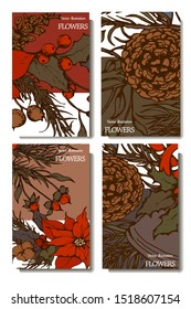 Herbal illustration on label packaging design. Hand drawn vector botanic set with flowers and bells, invitation