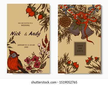 Herbal illustration on label packaging design. Hand drawn vector botanic set with flowers and bells, invitation