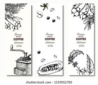 Herbal illustration on label packaging design. Hand drawn vector banner. Coffee beans, leaves, branch, flowers
