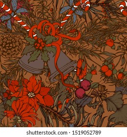 Herbal illustration on label packaging design. Hand drawn vector seamless pattern