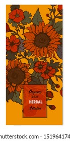 Herbal illustration on label packaging design. Hand drawn vector botanic set with flowers,  invitation