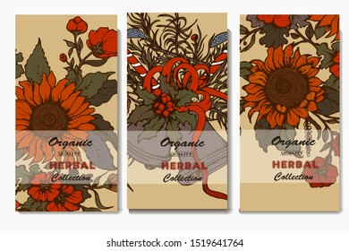Herbal illustration on label packaging design. Hand drawn vector botanic set with flowers and bells, invitation