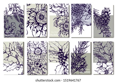 Herbal illustration on label packaging design. Hand drawn vector botanic set with flowers, cone and bells, invitation