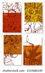 Herbal illustration on label packaging design. Hand drawn vector botanic set with flowers, invitation