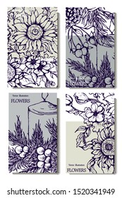 Herbal illustration on label packaging design. Hand drawn vector botanic set with flowers and candles, invitation