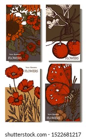 Herbal illustration on label packaging design. Hand drawn vector botanic set with branch, flowers, butterfly, invitation