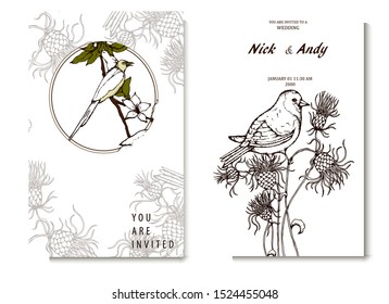 Herbal illustration on label packaging design. Hand drawn vector botanic set with branch, birds, flowers, invitation