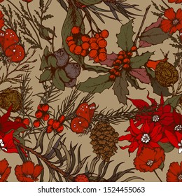 Herbal illustration on label packaging design. Hand drawn vector seamless pattern with flowers