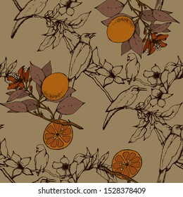 Herbal illustration on label packaging design. Hand drawn vector seamless pattern with branch, flowers. birds, oranges,