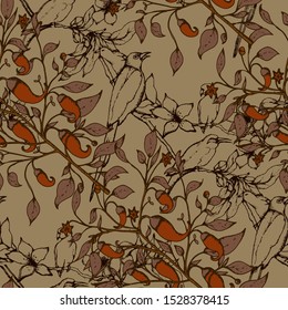 Herbal illustration on label packaging design. Hand drawn vector seamless pattern with branch, flowers, birds. 