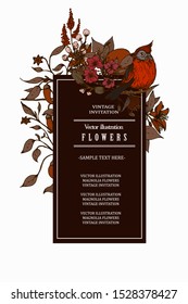 Herbal illustration on label packaging design. Hand drawn vector botanic set with branch, flowers, birds.