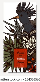 Herbal illustration on label packaging design. Hand drawn  branch, flowers, bird.