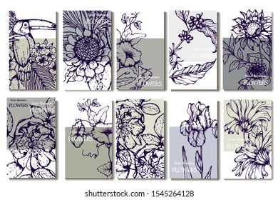 Herbal illustration on label packaging design. Hand drawn vector botanic set with branch, flowers, bird.