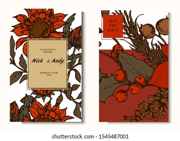 Herbal illustration on label packaging design. Hand drawn vector botanic set with branch, flowers.