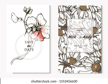 Herbal illustration on label packaging design. Hand drawn vector botanic set with branch, flowers. Wedding invitation