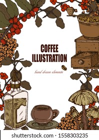 Herbal illustration on label packaging design. Hand drawn vector botanic set with branch, flowers, coffee beans.