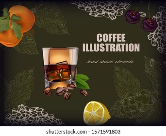 Herbal illustration on label packaging design. Hand drawn  botanic set with branch, coffee beans. Realistic whiskey vector